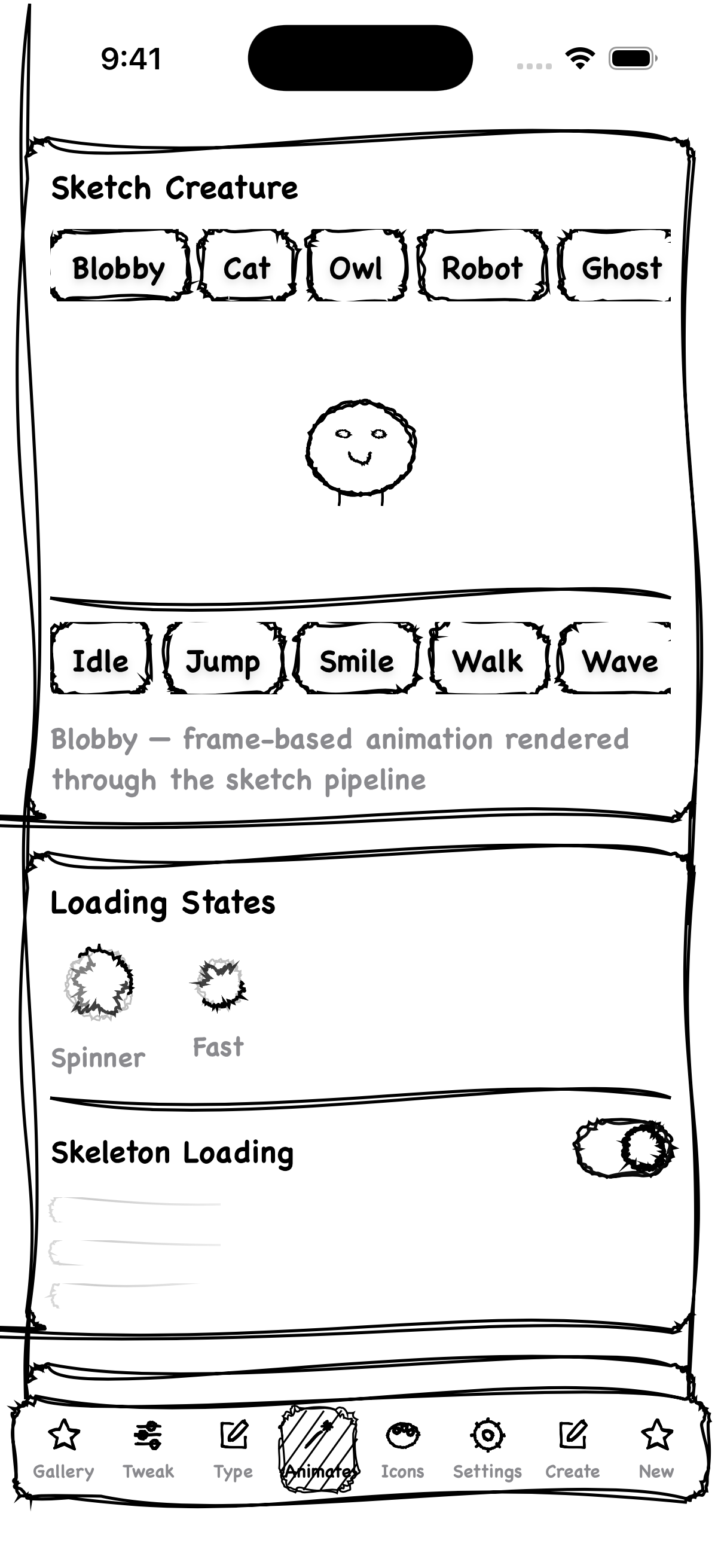 RippaUI animated creatures — Blobby with animation state buttons