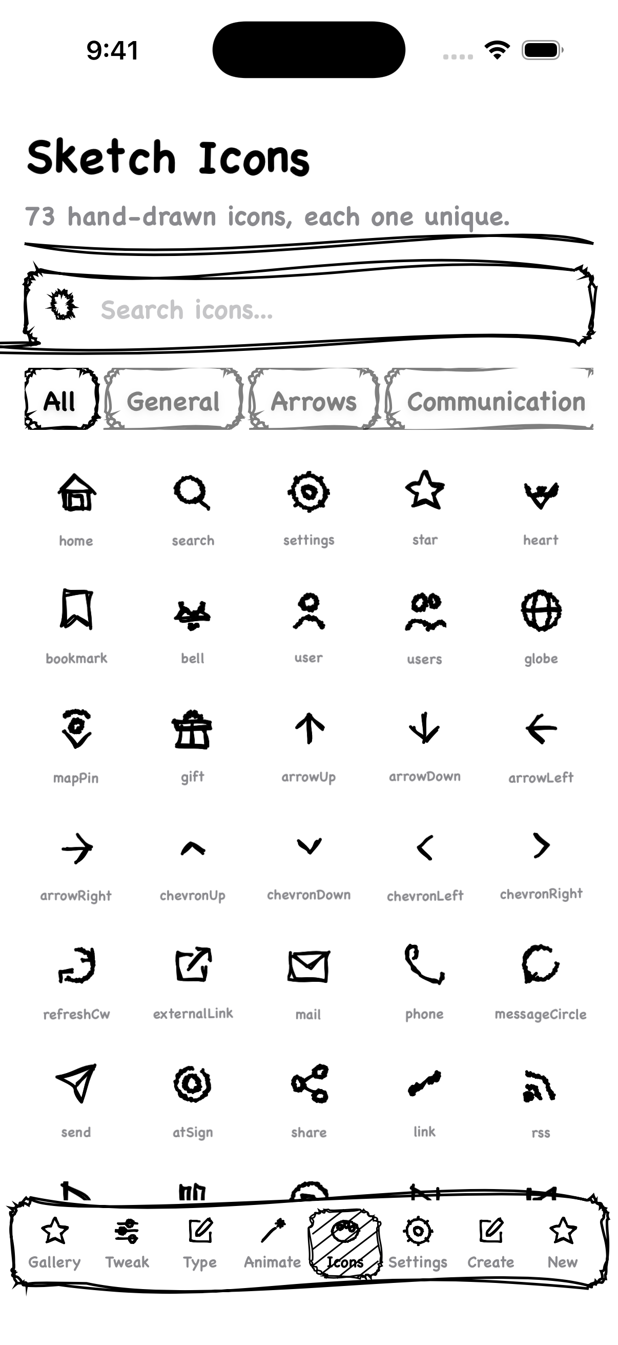RippaUI 73 hand-drawn icons with search and categories