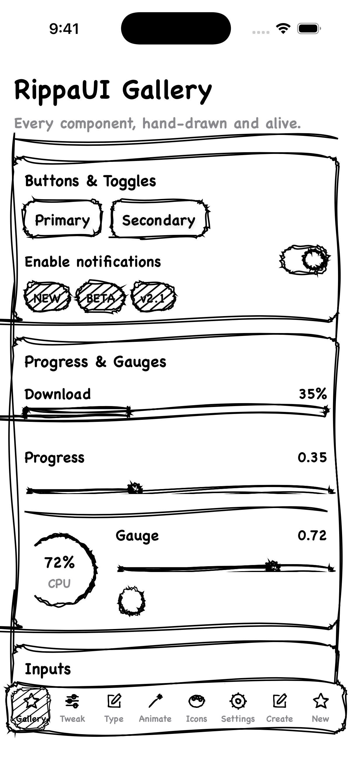 RippaUI Gallery — buttons, toggles, badges, progress bars, gauges, sliders