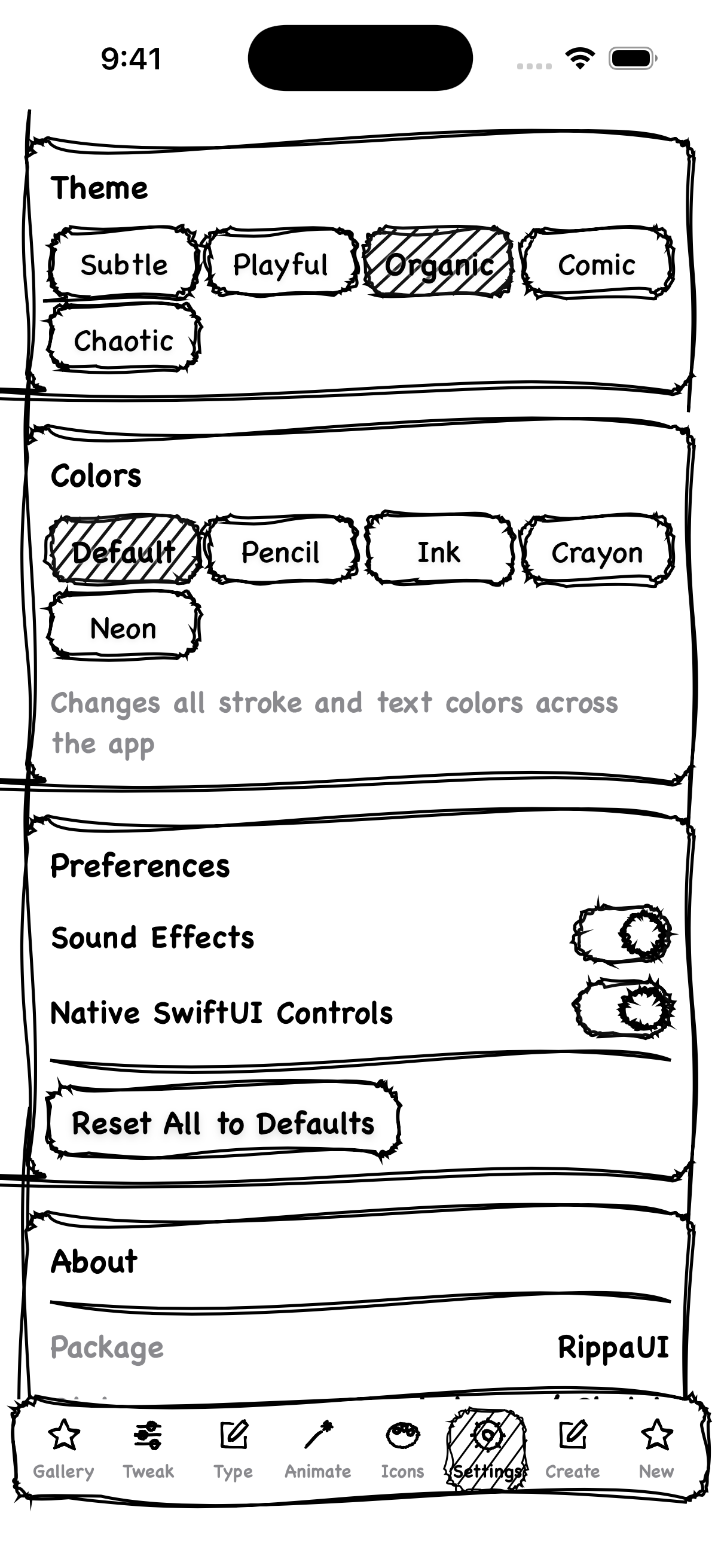 RippaUI settings — 5 themes, 5 color schemes, preferences