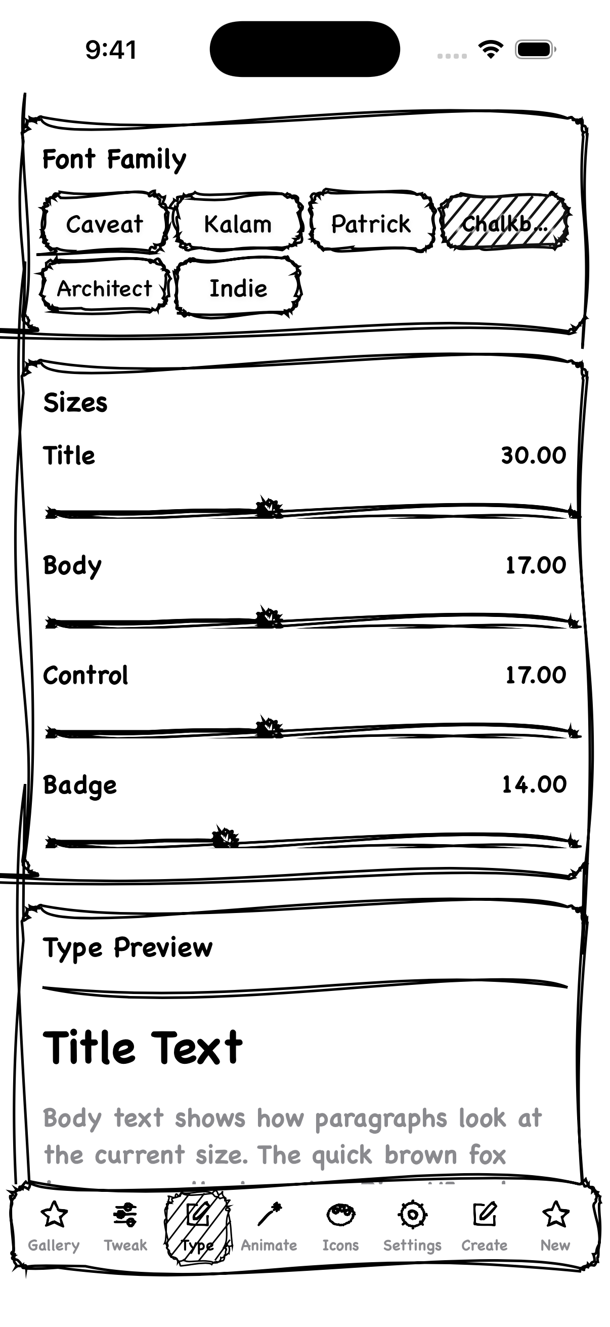 RippaUI typography — 6 handwriting fonts with size controls